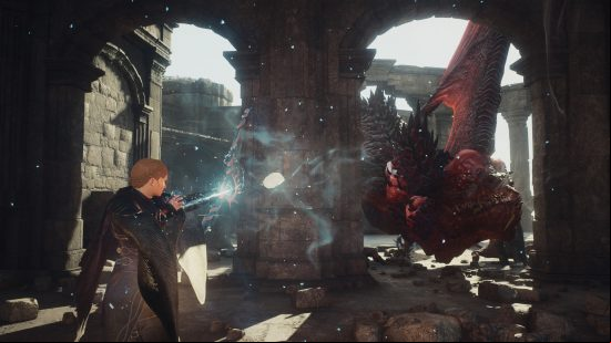 dragons dogma 2 arctic bolt skill being shot at a dragon