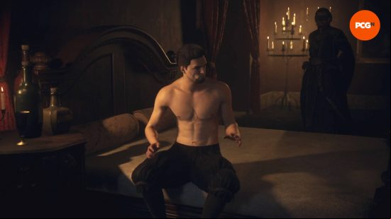 Arthur is sitting on a bed while a man stands behind him wearing a mask in Dragon's Dogma 2 The Stolen Throne quest.