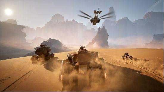 Dune Awakening: three ground vehicles and a dragonfly-like air vehicle in the desert.