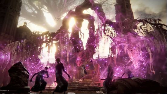 Elden Ring DLC release date: a player is using a spell that spreads purple wisps around an area, killing the zombies nearby.