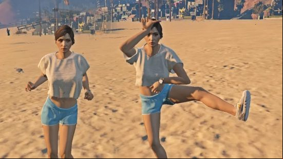 A character in GTA 5 performs popular Fortnite animations, made possible with a GTA 5 mod.