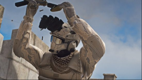 Military personnel dressed in desert camo takes cover behind a wall in GTA 5 and fires wildly, shell casings falling to the ground around them.