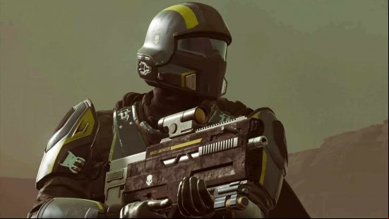 A closeup of a Helldivers 2 solider with their weapon ready to use