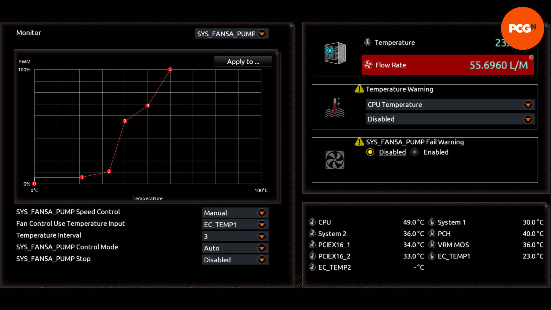 How to set fans and pumps to respond to coolant temp: Identify pump speeds in the EFI