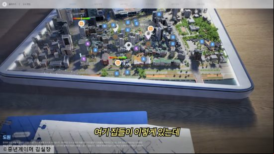 inZOI - A living city model inside a large tray placed on a desk.