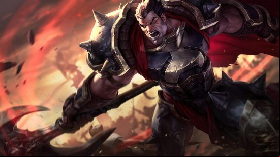 LoL tier list: a huge human male wearing spiked metal armor, wielding a gigantic axe.