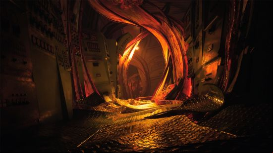 One of the industrial corridors of the Beira D oil rig, warped by supernatural means and emanating an eerie golden light.
