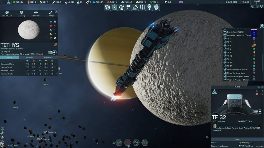 Terra Invicta: A spaceship flies past two planets, one a rocky moon, the other a yellow planet