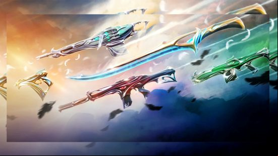 Four colorful gilded guns and a sword make up the second Sovereign Valorant skins bundle.