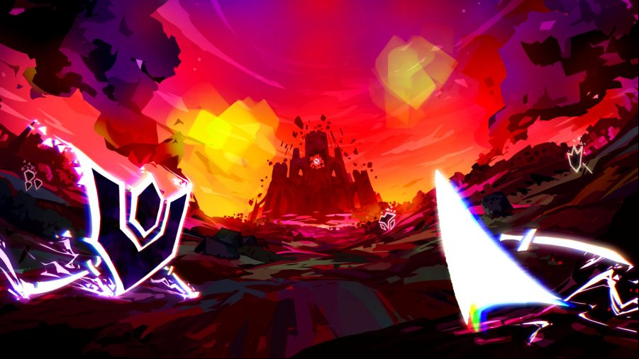 oid Sols - Two abstract shapes fight as a giant castle looms in the background.