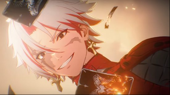 Wuthering Waves - A white-haired man wearing a red suit grins down at you through falling playing cards.
