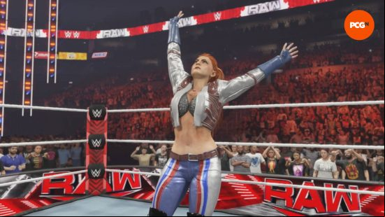 WWE 2K24 unlockables: a redhead wrestler waving her arms to the crowd in celebration.