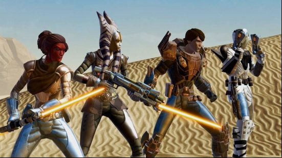 Best MMORPGs: Several Jedi wielding yellow lightsabers and blasters in Star Wars: The Old Republic.