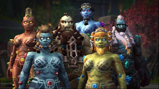 Best MMORPG: several Warcraft races with blank eyes and jewels embedded into their bodies.