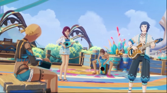 Best PC games on mobile: Genshin Impact. Image shows a group of characters from the game relaxing and enjoying some music.