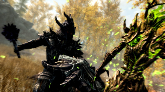 Best viking games: a black armored dragonborn in Skyrim