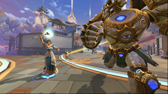 Best viking games: a giant obelisk creature next to a mage casting in Smite