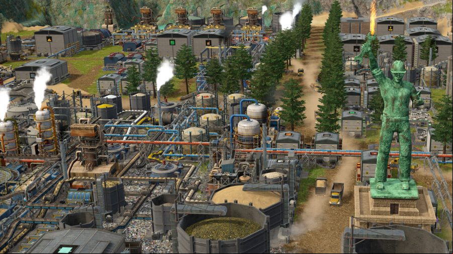 Captain of Industry - A factory with a sprawling network of pipes, conveyor belts, and storage containers.