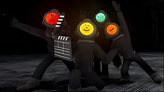 Content Warning mods: Four suits with different expressions pose together for a shot.