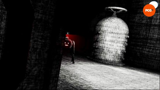 Dog, a small robot, and one of the Content Warning monsters, peeks around a corner, the red laser shining from the turret atop its body.