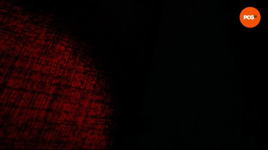 A red glow appears on the otherwise black-and-white Content Warning screen, showing that Content Warning monster Flicker is nearby.