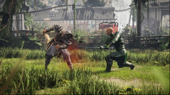 In a wide open field in Die by the Blade, one man brutally stabs another, with a set of urban ruins visible behind.