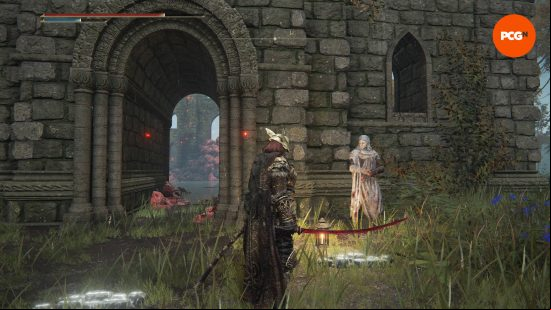 Varre is standing next to a ruined church and has a way of getting to the Elden Ring Shadow of the Erdtree DLC start location early.