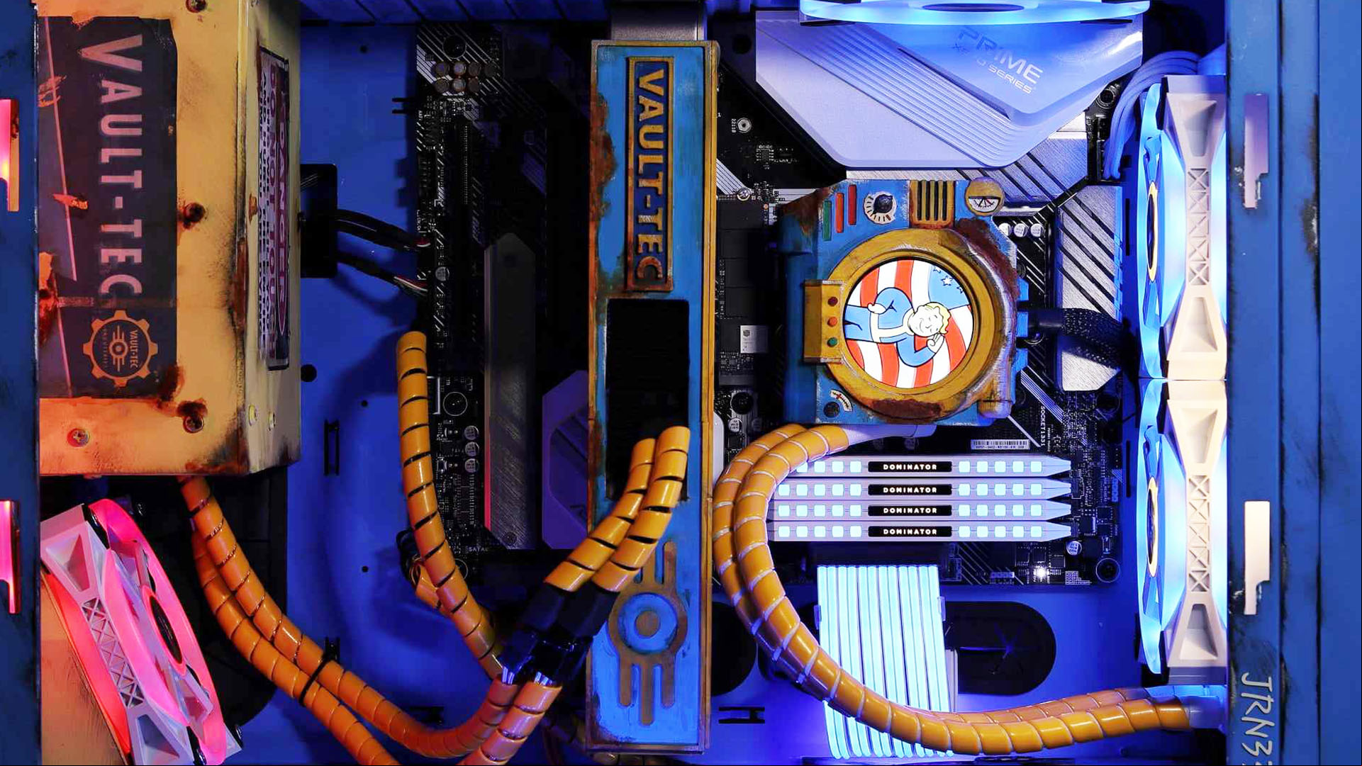 Fallout gaming PC build: Insides with Vault-Tec graphics card and Pip Boy AIO cooler surround