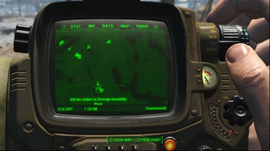 The Corvega Assembly Plant highlighted in the Pip-Boy's Map menu.