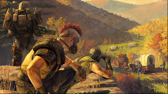 Best new MMOs: Key art of the Fallout 76 season Milepost Zero, showing raiders looking towards a caravan of Vault Dwellers.