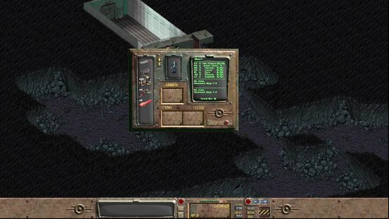 Fallout guide: a screenshot from Fallout 1 where the player is in a cave with their Pipboy open.