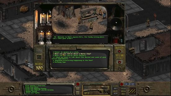 Fallout guide: a Vault Dweller is talking to a local merchant about their Iguana Bits.