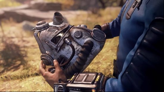 Fallout guide: a Vault Dweller holding onto a Brotherhood of Steel helmet.