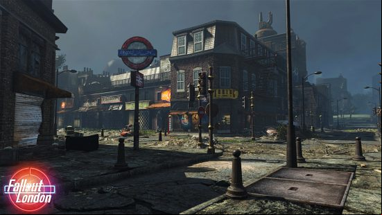 Fallout London - A screenshot of the Camden streets in this comprehensive mod project.