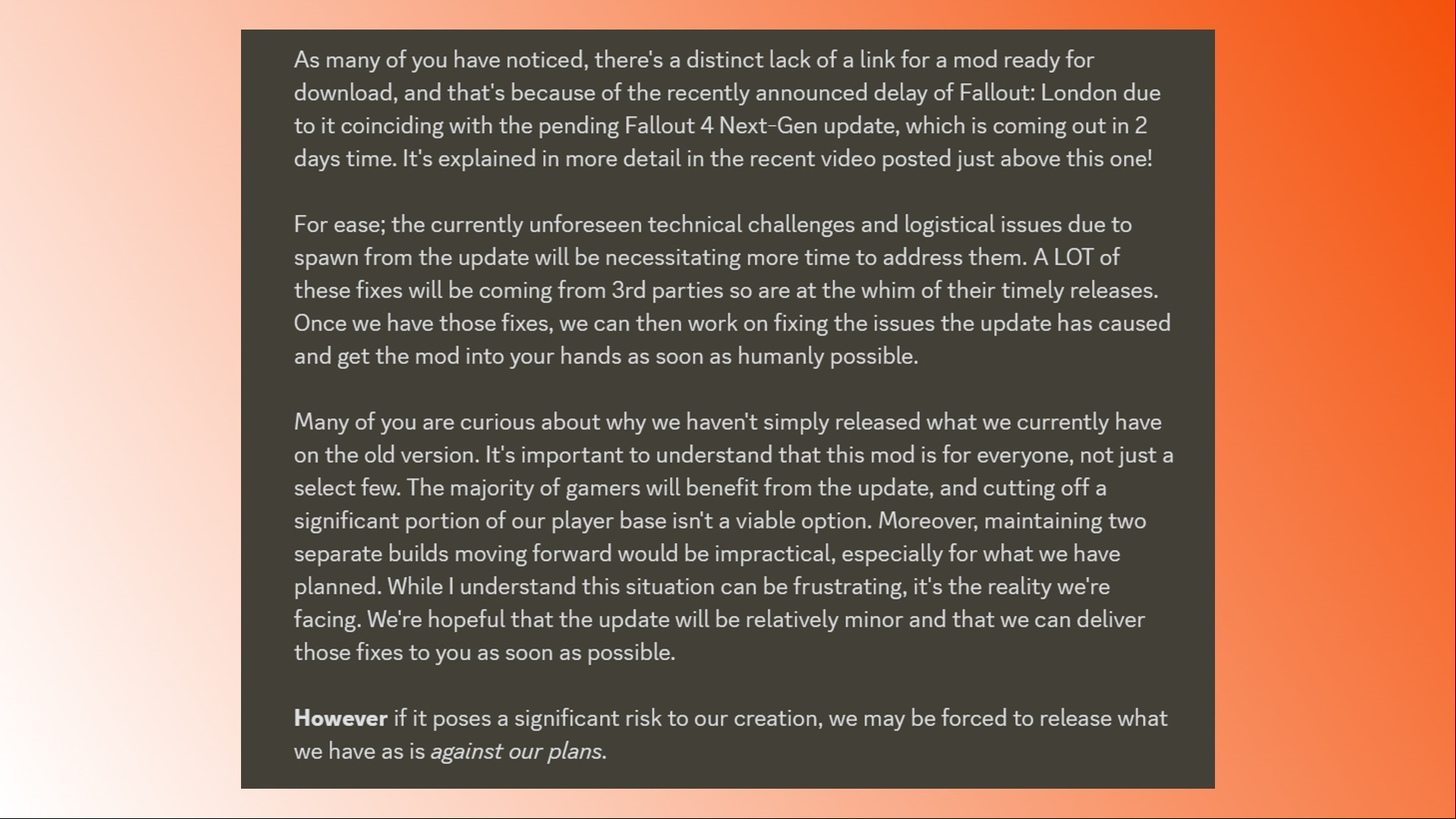 Fallout London release date: A statement from the developer of Fallout 4 mod Fallout London