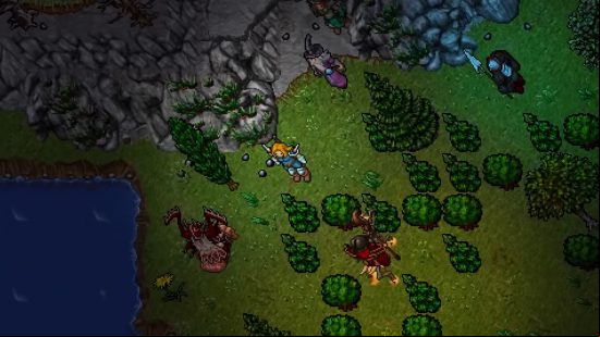 Free MMOs: Tibia. Image shows an adventurer and a wizard exploring a forest.