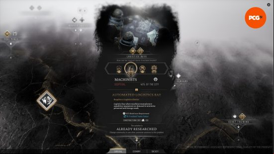 The research details for the Vanguard Logistics Bay, which indirectly impacts Frostpunk 2 Frostland teams.