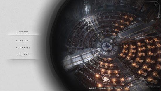 Frostpunk 2 preview: an overhead view of a city council, with 100 people sat, voting on the next law.