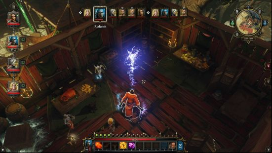 Games like BG3: a mage casting a lighting spell on some books in a house.