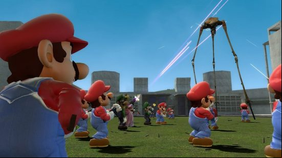 Lots of Marios shoot at a Half-Life 2 strider in Garry's Mod.