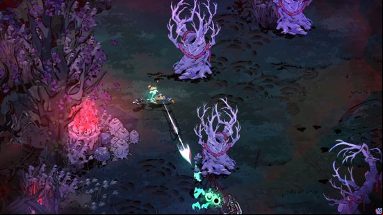 Hades 2 Hecate boss guide: Melinoë has fired a projectile at Hecate, who is preparing to split herself into three.