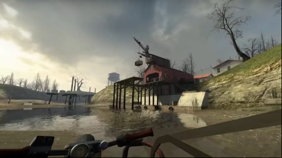 Screenshot of Half-Life 2 during Water Hazard chapter, in air boat, looking at the resistance's Station 12 building.