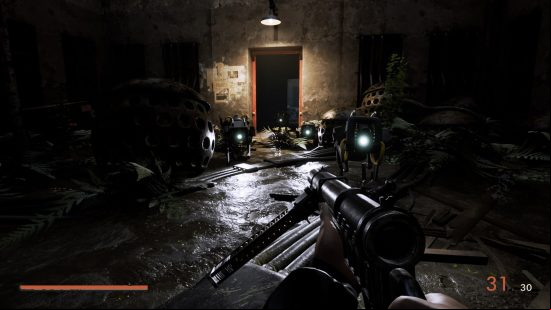 A screenshot from Industria which shows the player shooting at a series of small robotic dogs who are getting awfully close.