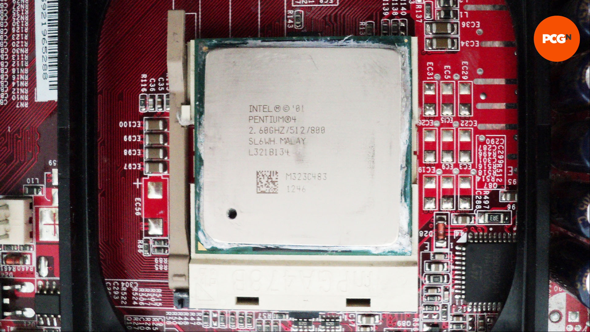 Intel Pentium 4: A 2.6GHz Socket 478 Northbridge U installed in a red MSI motherboard