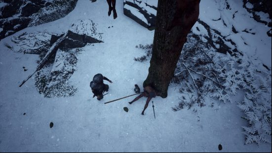 A snowy scene where a legionary stands in front of a corpse who has died against a tree.
