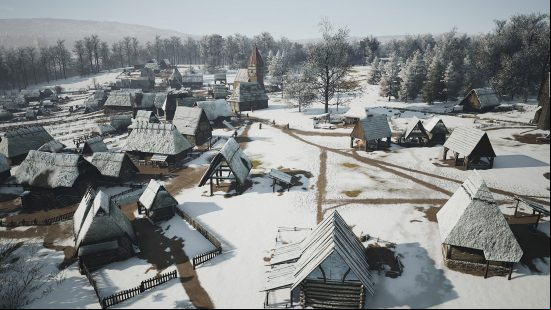 A screenshot from Manor Lords showing a town in winter.