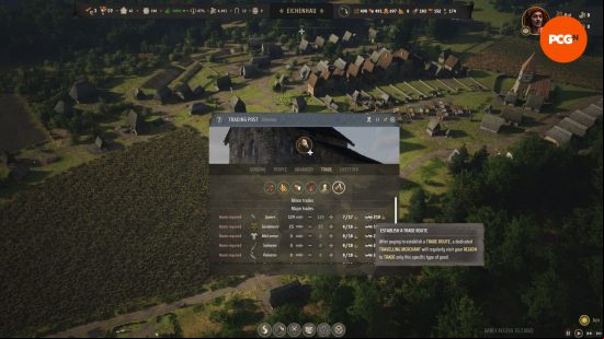 Manor Lords trade: a birds eye view of a village in the countryside.