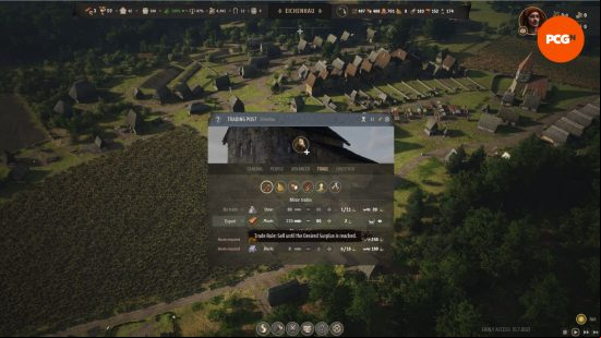 Manor Lords trade: a zoomed out view of a medieval village.