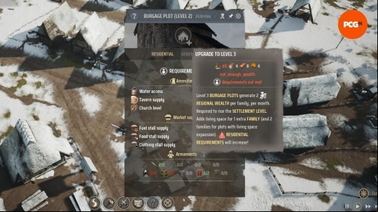 A list of the level 3 requirements for Manor Lords burgage plot upgrade.