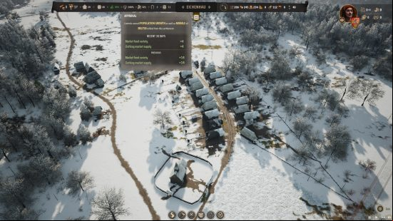 ml-approval Manor Lords approval rating: an overhead view of a snowy village, with a church and several quaint houses.